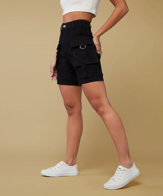 DOLCE CRUDO Solid Women Denim Black Denim Shorts