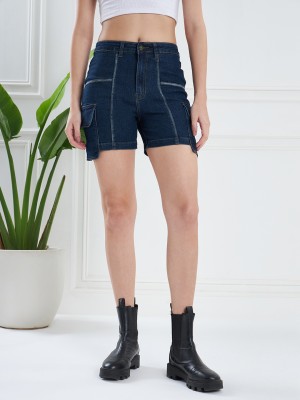 KASSUALLY Solid Women Dark Blue Denim Shorts