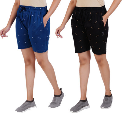 Guide Printed Women Black, Blue Regular Shorts