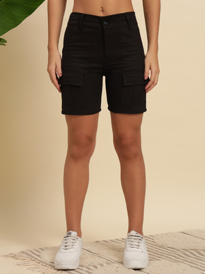 KASHIAN Solid Women Black Cargo Shorts
