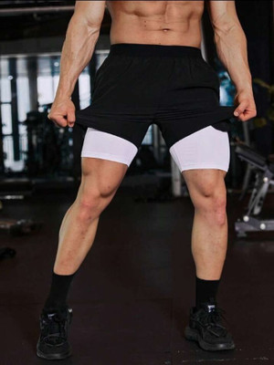 CULISH Color Block Men Black Sports Shorts, Gym Shorts