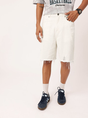 Kook N Keech Solid Men White Denim Shorts