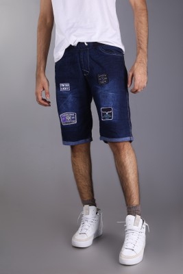 90miles Embroidered Men Denim Blue Denim Shorts