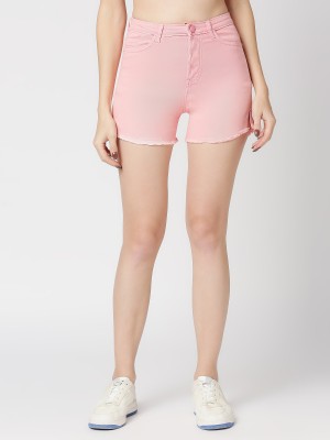 CEFALU Solid Women Denim Pink Casual Shorts