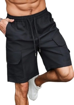 theplanetcool Solid Men Black Cargo Shorts, Regular Shorts, Sports Shorts