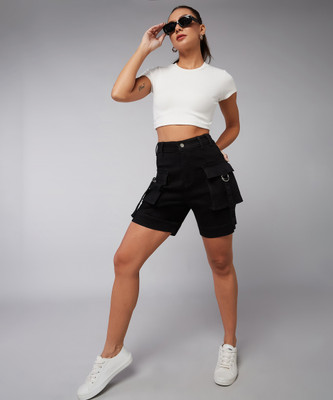 DOLCE CRUDO Solid Women Denim Black Casual Shorts