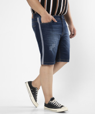 Instafab Plus Striped Men Denim Dark Blue Denim Shorts