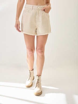 Globus Solid Women Denim Beige Denim Shorts