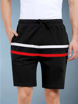 Jump Cuts Striped Men Black Basic Shorts