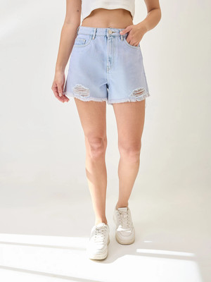 Globus Solid Women Denim Light Blue Denim Shorts