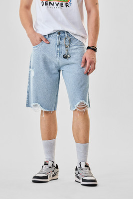 Snitch Distressed Men Light Blue Denim Shorts