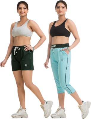 STYLE AK Solid Women Dark Green, Light Blue Regular Shorts