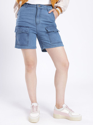 Dressberry Solid Women Blue Cargo Shorts