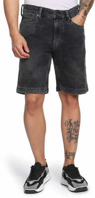 FLYING MACHINE Self Design Men Black Denim Shorts