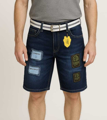 yourtee Self Design Men Denim Dark Blue Denim Shorts
