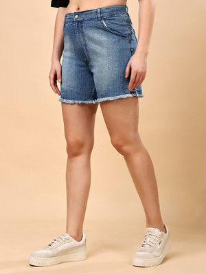 Feyona Solid Women Denim Blue Casual Shorts