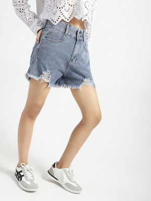 Sera Solid Women Blue Denim Shorts