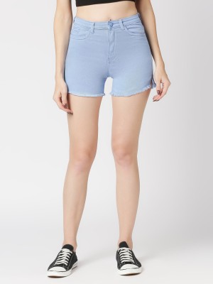 CEFALU Solid Women Denim Light Blue Casual Shorts