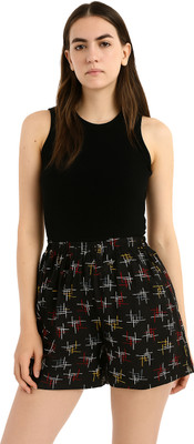 YUALIN CREATION Printed Women Black Basic Shorts
