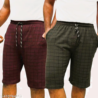 MRB Checkered Men Green, Maroon Regular Shorts