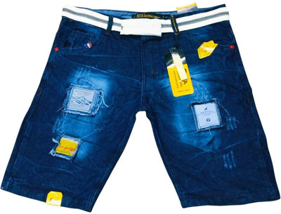 yourtee Self Design Men Denim Dark Blue Denim Shorts