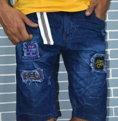HYOOOO Printed Men Denim Blue Denim Shorts