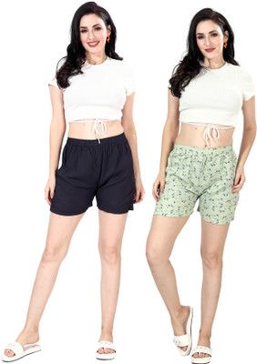 Nisvaa By Ribnee Self Design Women Dark Blue, Light Green Regular Shorts