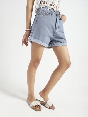 Sera Solid Women Blue Denim Shorts