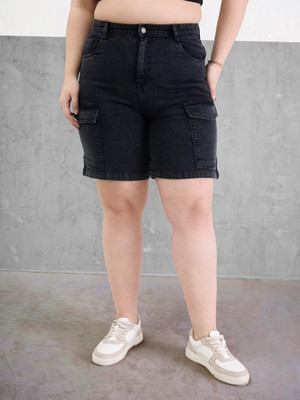 SASSAFRAS Curve Solid Women Black Bermuda Shorts