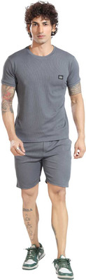 karm creation Men Solid Grey Top & Shorts Set