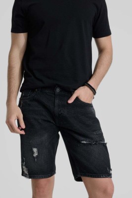 Snitch Solid Men Black Denim Shorts