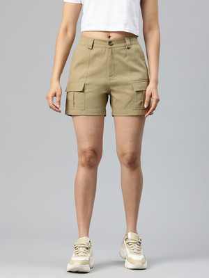Popnetic Solid Women Beige Cargo Shorts