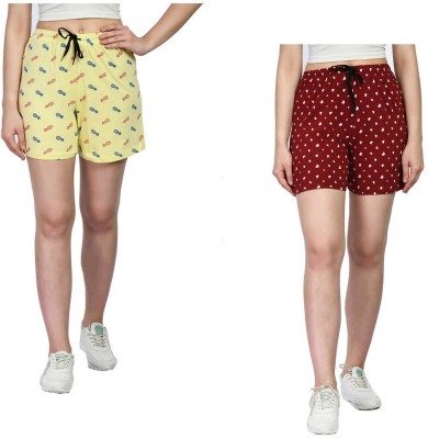 IndiWeaves Printed Women Yellow, Maroon Regular Shorts