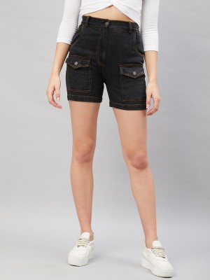 ORCHID HUES Solid Women Denim Black Denim Shorts