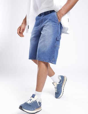 Glitchez Solid Men Blue Denim Shorts