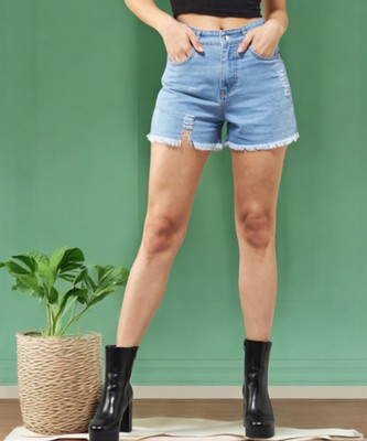 DOLCE CRUDO Solid Women Denim Blue Denim Shorts