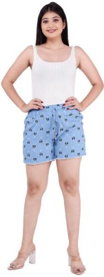 UB WOLF Printed Women Light Blue Basic Shorts