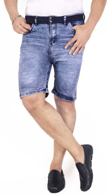 QFA Dyed/Washed Men Denim Light Blue Denim Shorts
