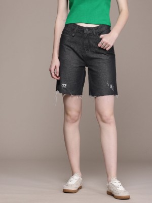 Roadster Solid Women Black Denim Shorts