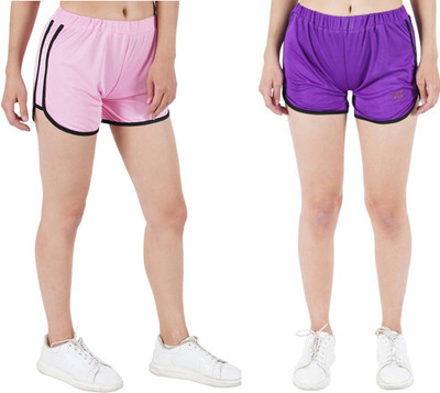 maxian Solid Women Pink, Purple Regular Shorts, Gym Shorts, Night Shorts