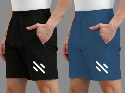 AVOLT Solid, Printed Men Black, Light Blue Sports Shorts