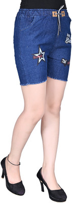 GLAMHOOD Short For Girls Casual Printed Denim(Blue, Pack of 1)