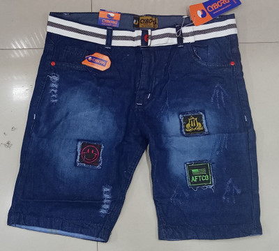 HYOOOOOO Printed Men Denim Blue Denim Shorts