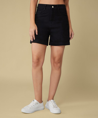 DOLCE CRUDO Solid Women Denim Black Denim Shorts