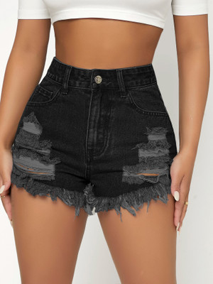 Aahwan Solid Women Denim Black Denim Shorts