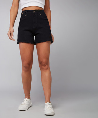 DOLCE CRUDO Solid Women Denim Black Casual Shorts