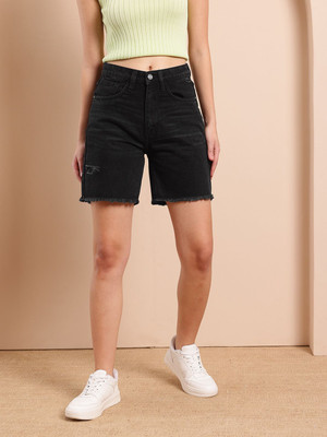 Mast & Harbour Solid Women Black High Waist Shorts
