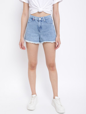 TALES & STORIES Solid Women Light Blue Denim Shorts