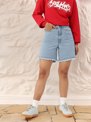 Dressberry Solid Women Blue Denim Shorts