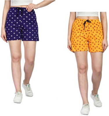 IndiWeaves Printed Women Yellow, Purple Regular Shorts